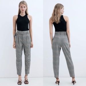 Zara Pants TRF Belted Plaid Pleated Slim Trousers